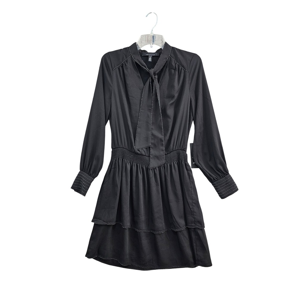 White House Black Market Dress Womens SP Black Tie Neck Beaded Smocked Tiered Nw